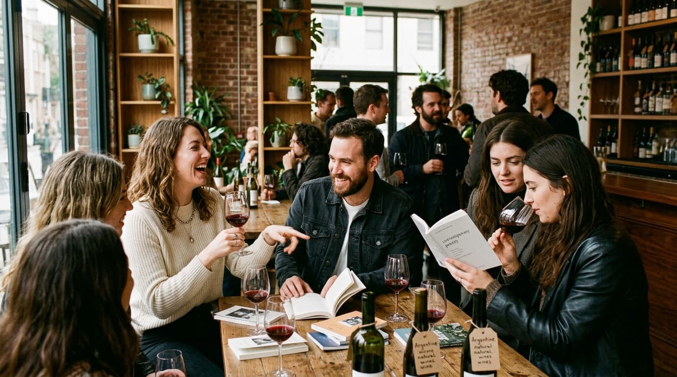Gente joven disfrutando una cata poética y vinos naturales en un bar moderno de Buenos Aires